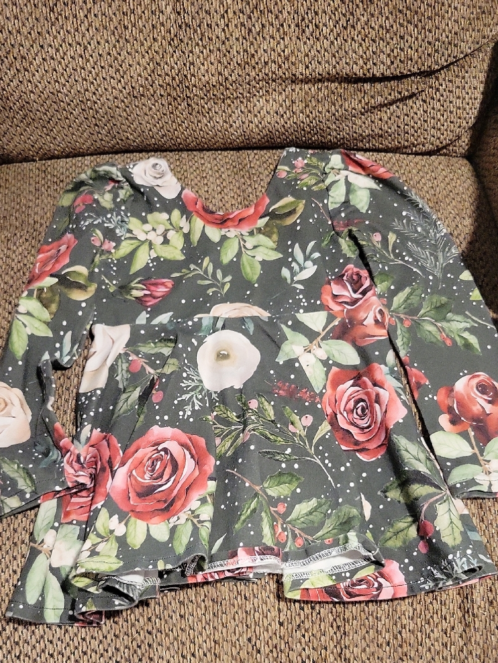 Girls Floral Peplum Long-Sleeve Top - Dark Gray with Pink Roses